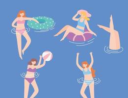 Frauen, die in Badebekleidung schwimmen, auf schwimmendem Schlauchboot liegen und Ball spielen vektor