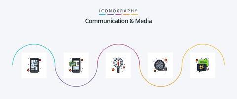 kommunikation och media linje fylld platt 5 ikon packa Inklusive hash märka. chatt bubbla. information. video. film vektor