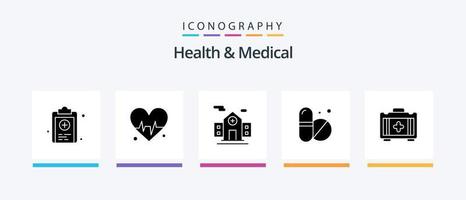 hälsa och medicinsk glyf 5 ikon packa Inklusive . hälsoväska. byggnad. väska. läsplatta. kreativ ikoner design vektor