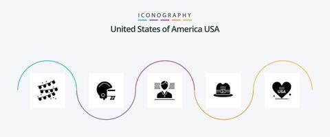 USA Glyph 5 Icon Pack inklusive . Vereinigte Staaten von Amerika. Flagge. amerikanisch. Herz vektor
