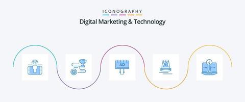 digital marknadsföring och teknologi blå 5 ikon packa Inklusive organisk. utbildning. vinna. innehåll. skylt vektor