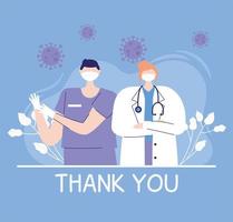 tack läkare och sjuksköterskor, kvinnlig läkare och sjuksköterska med medicinsk mask och stetoskop vektor