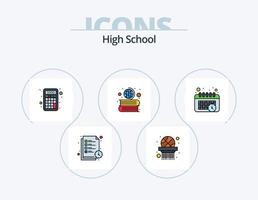 High-School-Linie gefüllt Icon Pack 5 Icon-Design. Hinweis. Liste. Schreibtisch. Studienplan. Lesezeit vektor