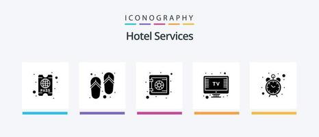 Hotelservices Glyph 5 Icon Pack inklusive . Zeit. sicher. Uhr. Fernseher. kreatives Symboldesign vektor