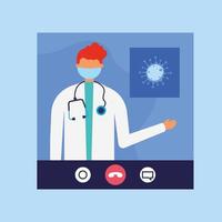 Online-Arzt auf Video-Chat mit Maske und Virus Vektor-Design vektor