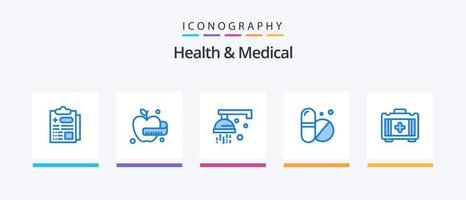 hälsa och medicinsk blå 5 ikon packa Inklusive . medicinsk. hälsoväska. medicinsk. kreativ ikoner design vektor