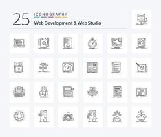 Webentwicklung und Webstudio 25-Zeilen-Icon-Pack einschließlich Optimierung. fertig. Rückmeldung. Kennzeichen. Liste vektor