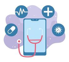 Online-Gesundheit, Smartphone Stethoskop Kapsel Virus Medizin Covid 19 Coronavirus vektor