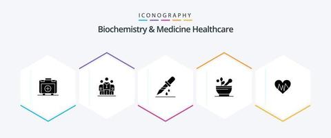 Biochemie und Medizin Gesundheitswesen 25 Glyphen-Icon-Pack einschließlich Herz. Krankenhaus. fallen. Suppe. medizinisch vektor