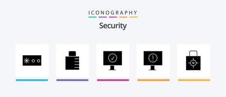 säkerhet glyf 5 ikon packa Inklusive mål. skydda. dator. låsa vaddera. varning. kreativ ikoner design vektor