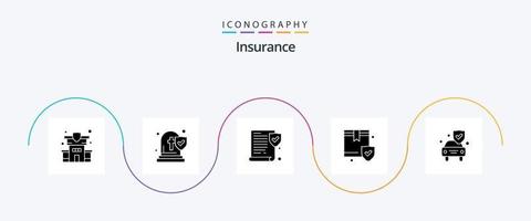 Insurance Glyph 5 Icon Pack inklusive Schild. Versicherung. Papier. Wagen. Sicherheit vektor