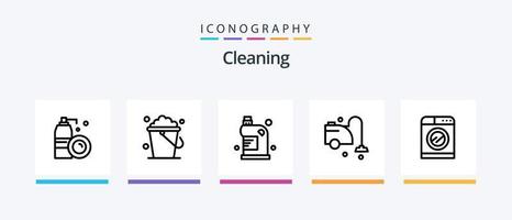 Reinigungslinie 5 Icon Pack inklusive Waschen. Maschine. Mopp. schrubben. Hausarbeit. kreatives Symboldesign vektor