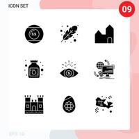 Packung mit 9 modernen soliden Glyphen Zeichen und Symbolen für Web-Printmedien wie bearbeitbare Vektordesign-Elemente für die Industrie von Geschäftsmedikamenten für kalte Flüssigkeiten vektor