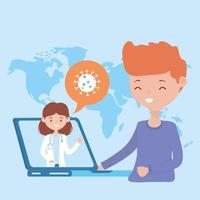 hälsa online, läkare i bärbar dator med pojkekonsultation covid 19 coronavirus vektor