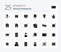 Startup und Entwicklung 25 solides Glyphen-Icon-Pack inklusive Auszeichnung. Karte. Hardware. Lage. Datei vektor