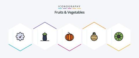 frukt och grönsaker 25 fylld linje ikon packa Inklusive . tropisk. vattenmelon. kiwi. frukt vektor