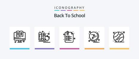 Back to School Line 5 Icon Pack inklusive Schule. Bildung. Aktentasche. Tafel. Radiergummi. kreatives Symboldesign vektor