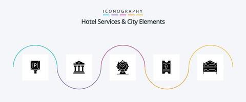 hotelservices und stadtelemente glyph 5 icon pack inklusive schlafzimmer. Pfeil. Browser. Hotel . Fahrkarte vektor