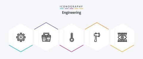 Engineering 25-Zeilen-Icon-Pack inklusive Auge. Gebäude. Temperatur. Axt Werkzeug. Axt Werkzeug vektor