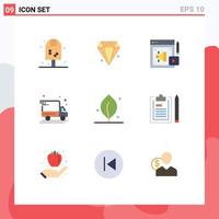 Piktogrammsatz aus 9 einfachen flachen Farben der Natur Ökologie Web Paketzustellung Lieferwagen editierbare Vektordesign-Elemente vektor