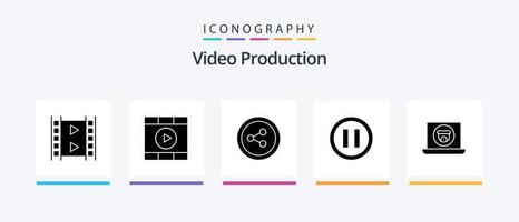 video produktion glyf 5 ikon packa Inklusive . musik . spela . media . social media. kreativ ikoner design vektor