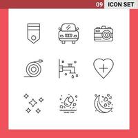 Stock Vector Icon Pack mit 9 Zeilen Zeichen und Symbolen für Herz Bad Foto Wasserhahn Rohr editierbare Vektordesign-Elemente