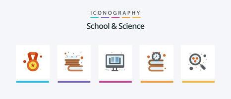 Schule und Wissenschaft Flat 5 Icon Pack inklusive Molekül. Zeit. Buchen. Schule. Bücher. kreatives Symboldesign vektor