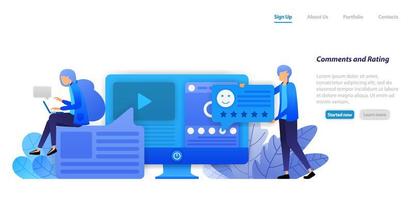 Geben Sie Kommentare, Bewertungen, Likes und Feedback zu Videos und zum Status der Inhalte von Social Media Influencern. flaches Illustrationskonzept für Landing Page, Web, UI, Banner, Flyer, Poster, Vorlage, Hintergrund vektor