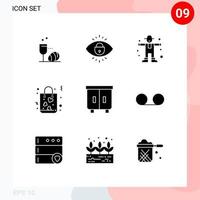 9 solides Glyphenkonzept für mobile Websites und Apps Schubladeneinkaufscharakter Liebesbeutel editierbare Vektordesign-Elemente vektor