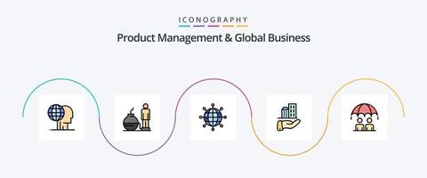 Produktmanagement und globale Geschäftslinie gefülltes flaches 5-Icon-Paket einschließlich Geschäft. modern. Problem. Unternehmen. modern vektor