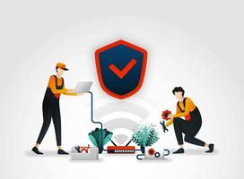 vektor illustration. arbetare från säkerhetsföretag kontrollerar eller underhåller säkerhetssystem på en router. trådlöst säkerhetssystem ger VIP-skydd och övervakning av alla säkerhetsprodukter