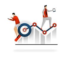 Geschäft und Förderung der Vektorillustration. Wählen Sie Schlüsselwörter aus, um den Datenverkehr zu erhöhen. Suchen Sie nach Schlüsselwörtern für die beste Liste, wenn der Datenverkehr abnimmt, und suchen Sie nach SEO-Diensten, um den Umsatz zu unterstützen. SEO-Logo. flacher Charakterstil vektor