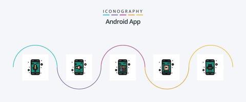 android app linje fylld platt 5 ikon packa Inklusive Ansökan. mobil video. Lägg till. mobil media. samspel vektor