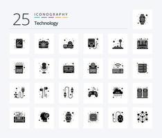 Technologie 25 solides Glyphen-Icon-Paket mit intelligenter Technologie. Spiel. Projektor. Steuerungsgerät. MP-Player vektor