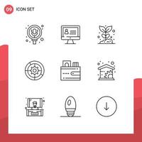 Stock Vector Icon Pack mit 9 Zeilenzeichen und Symbolen für Card Engine Farming Setup Gear editierbare Vektordesign-Elemente