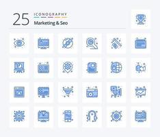 Marketing und SEO 25 blaues Symbolpaket mit Assistenten. Geld. CD. Netz. seo vektor