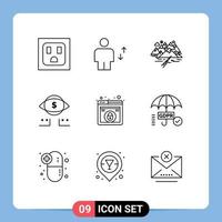 Aktienvektor-Icon-Pack mit 9 Zeilenzeichen und Symbolen für bearbeitbare Vektordesign-Elemente für das Schloss Digital Hill Marketing Eye vektor