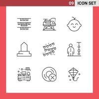 Gruppe von 9 skizziert Zeichen und Symbole für Business-Party-Dekoration Kind-Ammern islamisches Gebäude editierbare Vektordesign-Elemente vektor