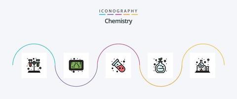 Chemielinie gefülltes flaches 5-Icon-Paket inklusive Studie. Labor. Prüfung. Chemie. grün vektor