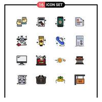 Flache, farbig gefüllte Linienpackung mit 16 universellen Symbolen für Flugzeichen Vertrag mobile App Rechtsdokument Business editierbare kreative Vektordesign-Elemente vektor