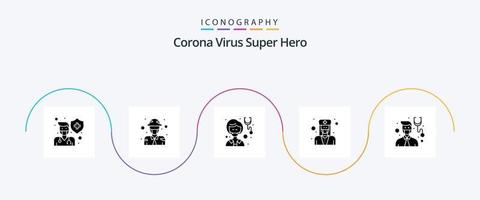 Corona-Virus Superheld Glyphe 5 Icon Pack inklusive Arzt. Arzt. Militär. Frau. Medizin vektor