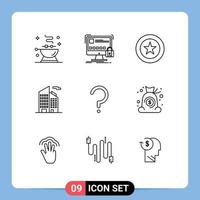 Stock Vector Icon Pack mit 9 Zeilen Zeichen und Symbolen für Frage Wolkenkratzer sicheres Büro Kranz editierbare Vektordesign-Elemente