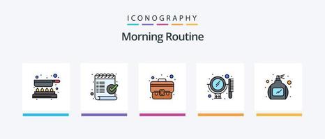 morgon- rutin- linje fylld 5 ikon packa Inklusive tidning. kopp. rakapparat. frukost. spegel. kreativ ikoner design vektor