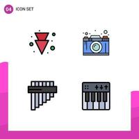 Packung mit 4 modernen Filledline-Flachfarbzeichen und -symbolen für Web-Printmedien wie Pfeilinstrumente, Kameragrafik, Feier, editierbare Vektordesign-Elemente vektor