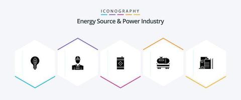 energi källa och kraft industri 25 glyf ikon packa Inklusive konstruktion. konstruktion. tunna. olja. lastbil vektor