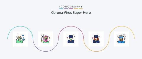 Corona-Virus-Superhelden-Linie gefülltes flaches 5-Icon-Pack einschließlich Medizin. Offizier. Krankenschwester. Polizei. männlich vektor