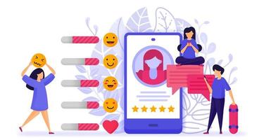 Menschen geben Bewertungen und Bewertungen zum Influencer-Profil. Gib Stern, antworte mit Emoticon und kommentiere, um Vorschläge und Lösungen zu liefern. Vektorillustration für Web, Landing Page, Banner, mobile Apps vektor