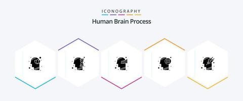 menschliches Gehirn verarbeitet 25 Glyphen-Icon-Pack einschließlich Markierung. Kopf. Stundenglas. Fehler. Statistiken vektor