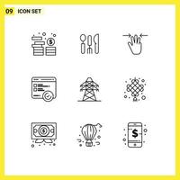 Stock Vector Icon Pack mit 9 Zeilenzeichen und Symbolen für Energie-Web-Gesten, die die Entwicklung editierbarer Vektordesign-Elemente testen