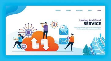 Landing Page Vector Design von Hosting und Cloud. einfach zu bearbeiten und anzupassen. modernes flaches Designkonzept von Webseite, Website, Homepage, mobilen Apps ui. Charakter Cartoon Illustration flachen Stil.